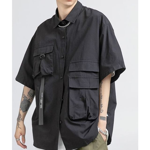 Myanderthal-34-Sleeve Plain Button-Up Cargo Shirt