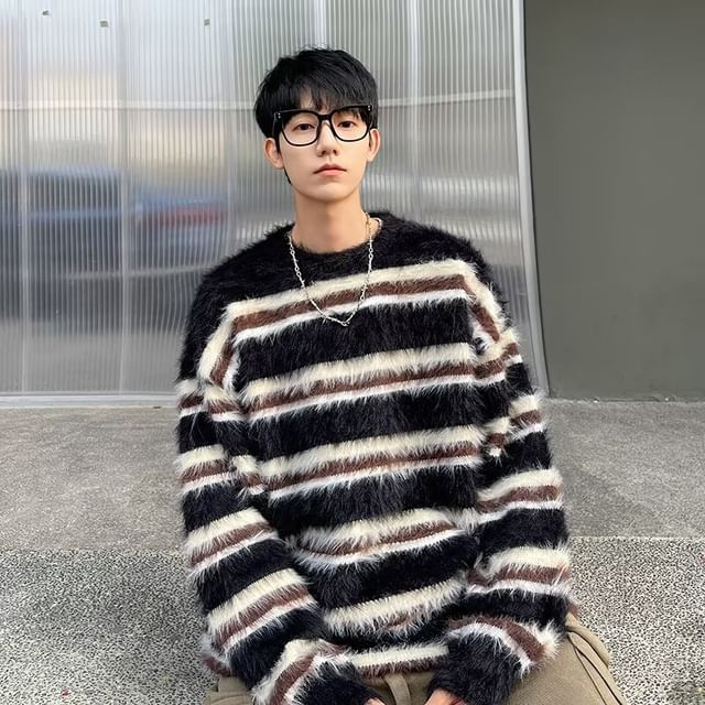 Femilina-Crew Neck Striped Fluffy Sweater
