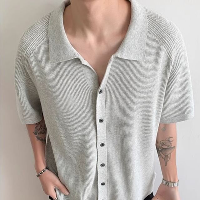 Savenne-Short-Sleeve Collar Plain Ribbed Cardigan