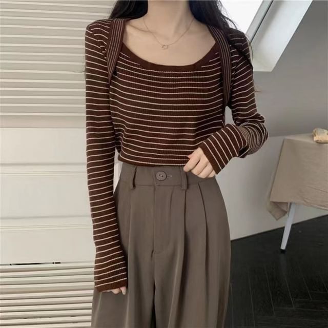 Sisyphi-Long-Sleeve Square Neck Striped Ribbed Knit Top