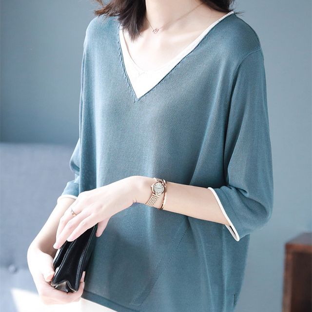 Everose-Elbow-Sleeve V-Neck Mock Two Piece Top