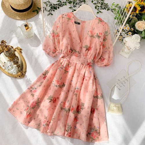 Balloon-Sleeve Floral Print Chiffon Dress