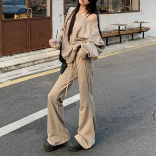 Trendycas-Off-Shoulder Plain Pullover Drawstring Waist Flared Sweatpants