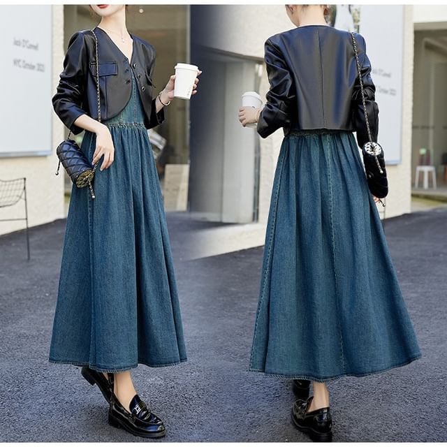 Honey River - Set: Single Breasted Faux Leather Jacket + Washed Denim Midi  A-Line Dress | YesStyle