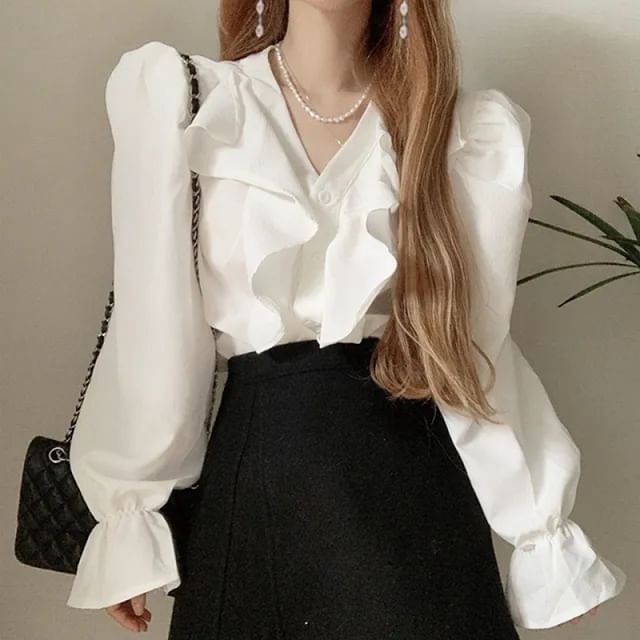 Alfie-Puff-Sleeve V-Neck Plain Ruffle Shirt
