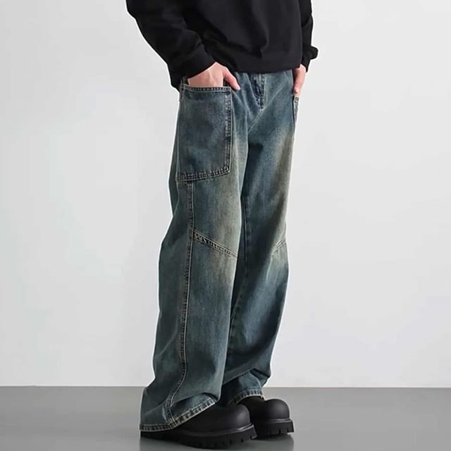 Adothuiastic-Mid Rise Washed Wide Leg Cargo Jeans