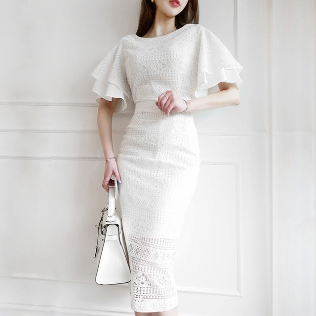 Oufan - Flare-Sleeve Boat-Neck Lace Midi Sheath Dress | YesStyle