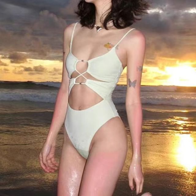 CUCURBIT-Plain Lace-Up Cutout Swimsuit