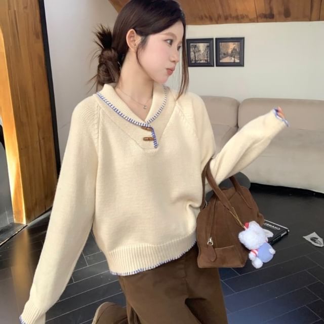 Beem-Collar Contrast Trim Toggle Sweater