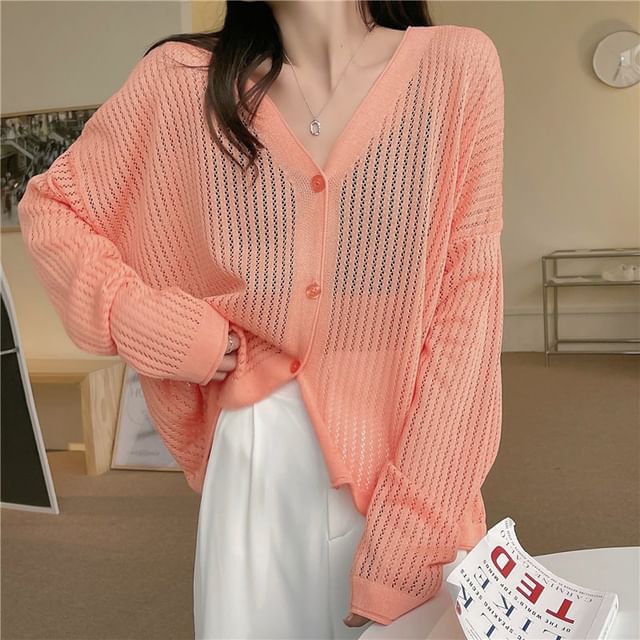 Sisyphi-V-Neck Button-Up Plain Cardigan