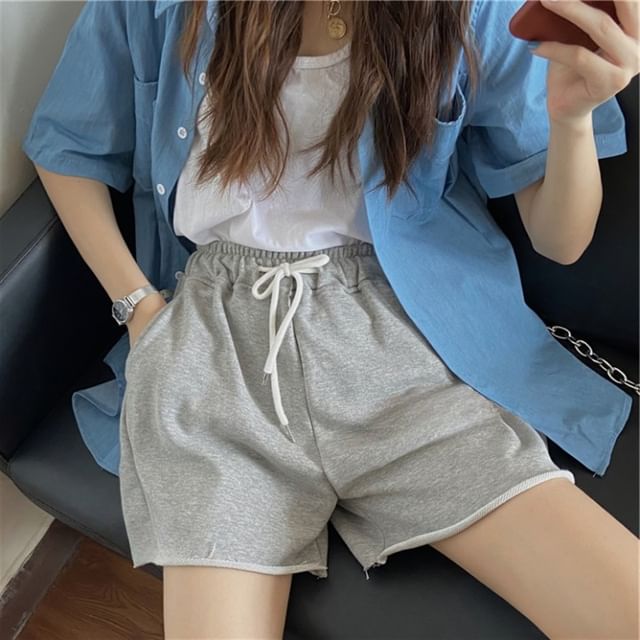 Fabricino-Drawstring Waist Plain Distressed Shorts