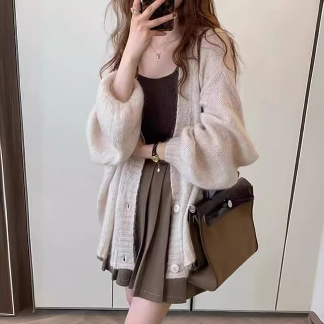 MIKIGA-Puff-Sleeve Plain Long Cardigan