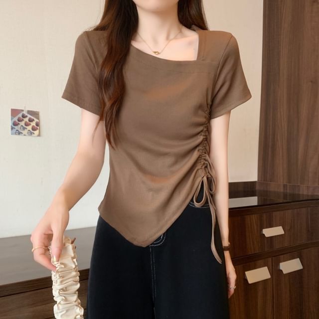 Cossita-Short-Sleeve Plain Asymmetrical Drawstring Tee