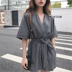 FUEMA - Elbow-Sleeve Checkered Wide-Leg Playsuit FUEMA - Elbow-Sleeve Checkered Wide-Leg Playsuit