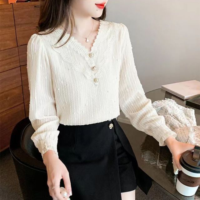 Everose-V-Neck Lace Trim Blouse