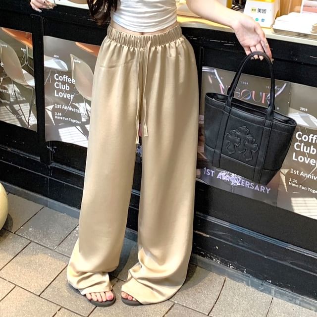 Strawolf-High Waist Plain Satin Wide Leg Pants