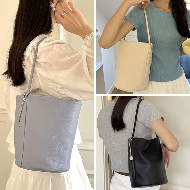 Basaran-Plain Faux Leather Bucket Bag