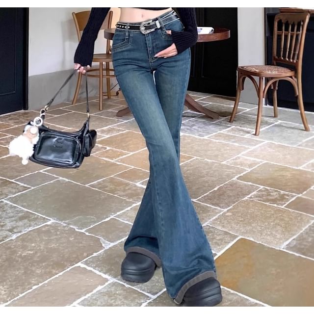 Trendycas-High Waist Washed Flared Jeans