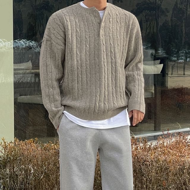 MRCYC-Henley Plain Cable-Knit Sweater