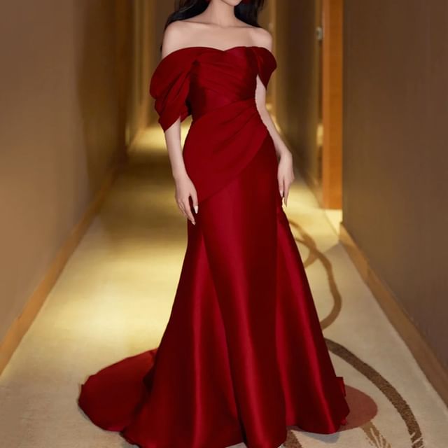 Fioridi - Short-Sleeve Off Shoulder Plain Ruched Satin Trumpet Evening Gown  | YesStyle