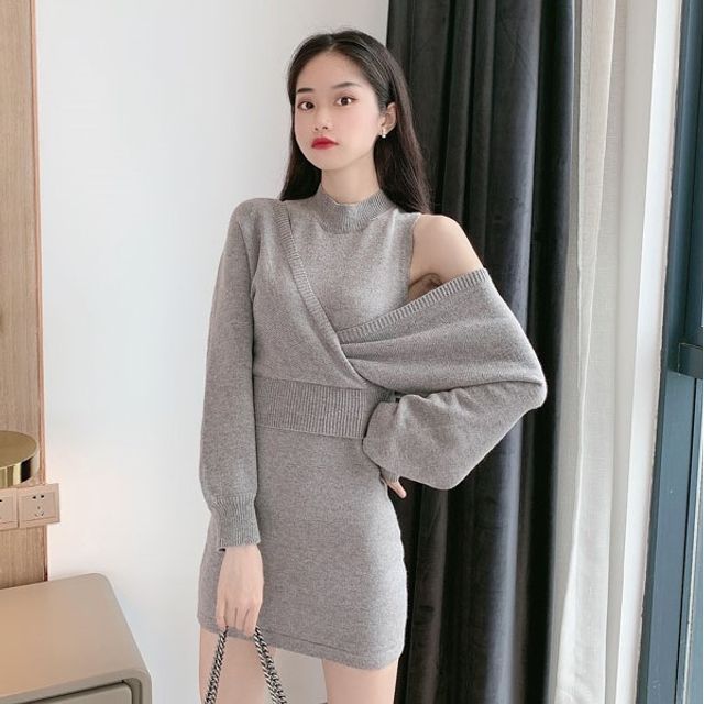 korean grey dress Korean Dress Vintage For Winter