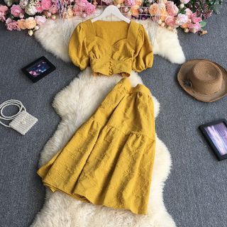 Dudu - Set: Puff-Sleeve Blouse + Midi A-Line Skirt | YesStyle