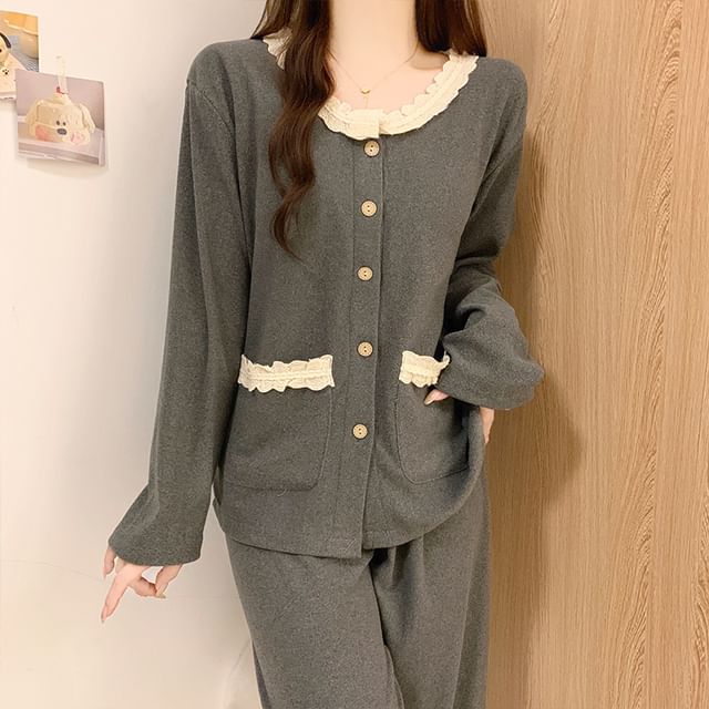 Siensien-Pajama Set Long Sleeve Round Neck Ruffle Padded Button Top Straight Leg Pants