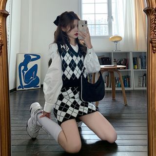 Flowerisque - Argyle Sweater Vest / Knit Mini Skirt / Plain Shirt ...