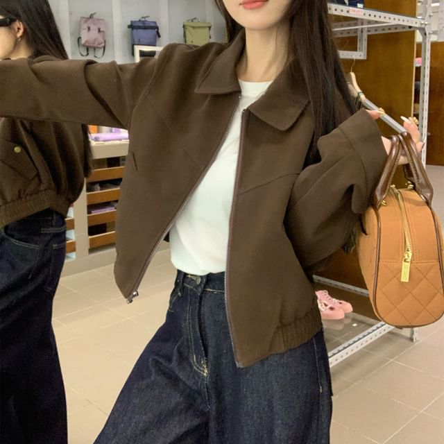 Beem-Collared Plain Zip Jacket