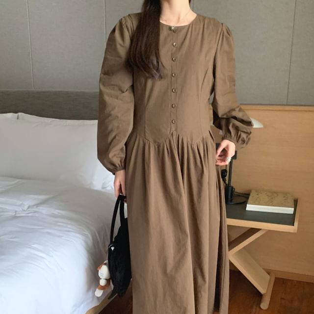 Coris-Puff-Sleeve Plain Button-Up Midi A-Line Dress