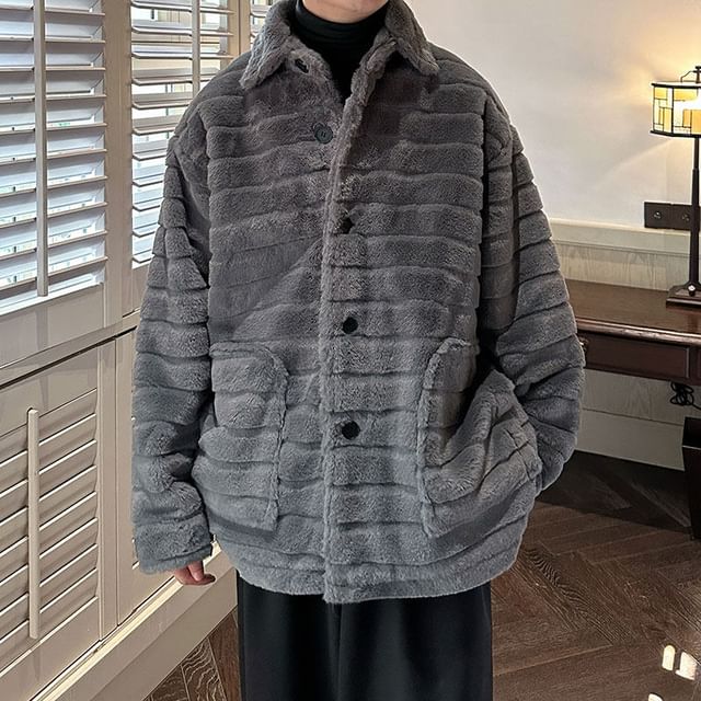 Freehop-Collared Plain Fluffy Button Jacket