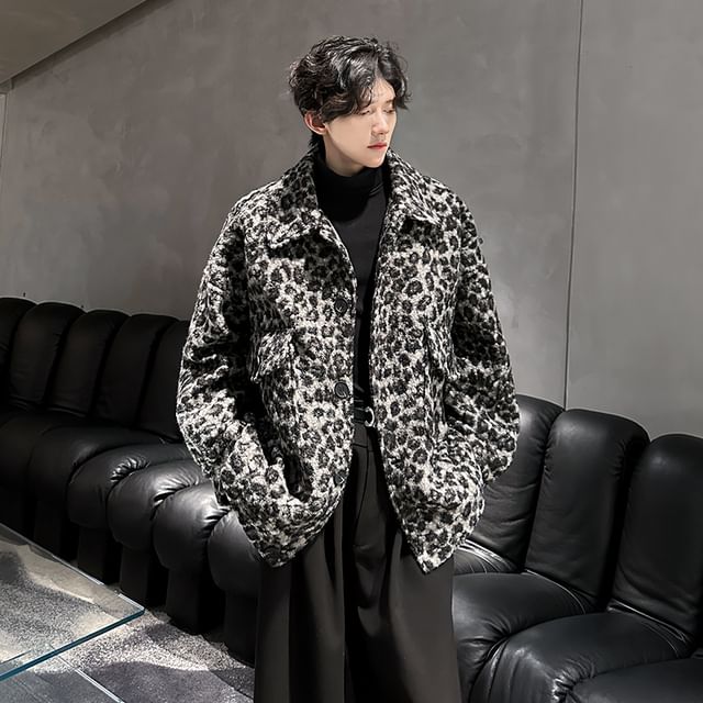 Freehop-Collared Leopard Patterned Fleece Button Jacket