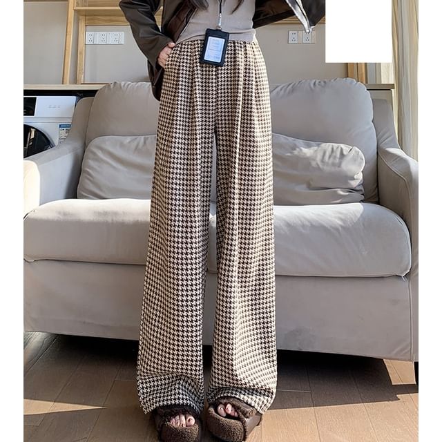 evanesce-Drawstring Waist Houndstooth Wide Leg Pants