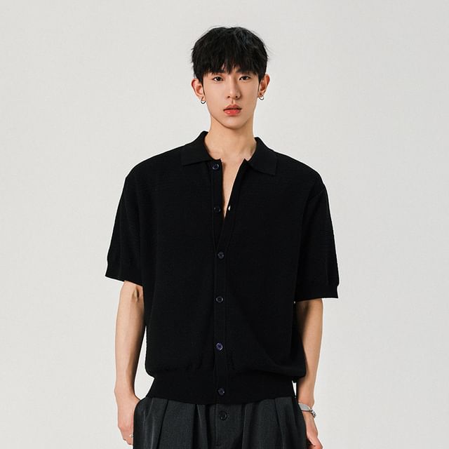 Savenne-Short-Sleeve Collar Plain Button Knit Top