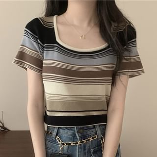 Sisyphi-Short Sleeve Square Neck Striped Crop Knit Top