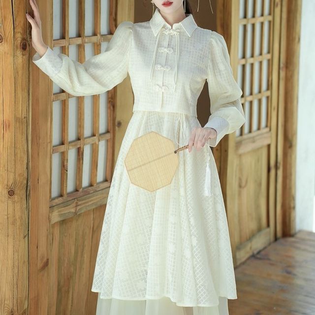 French Village - Frog Button Layered Midi A-Line Shirt Dress | YesStyle