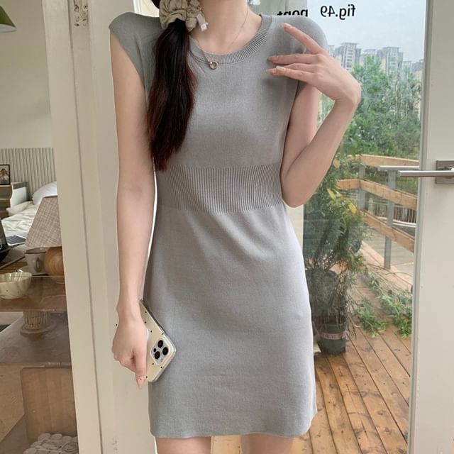 Allinya-Cap-Sleeve Crew Neck Plain Mini Knit Dress