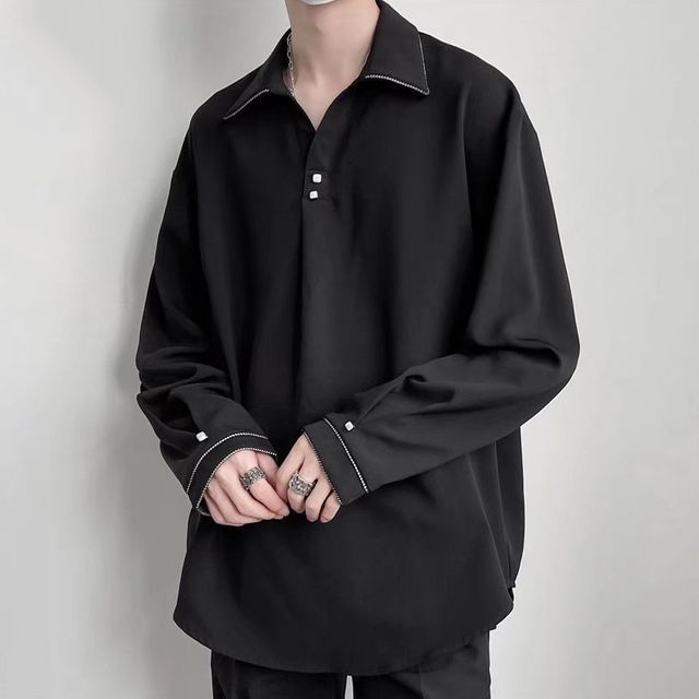 Urtishia Long Sleeve Plain Polo Shirt Black L