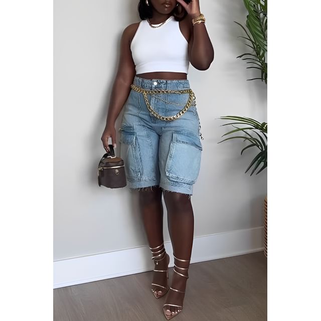 Jerolenea-High Waist Washed Denim Cargo Shorts