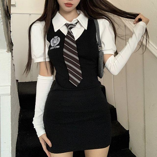 Girls Supply Set: Short-Sleeve Mock Two-Piece Mini Bodycon Dress