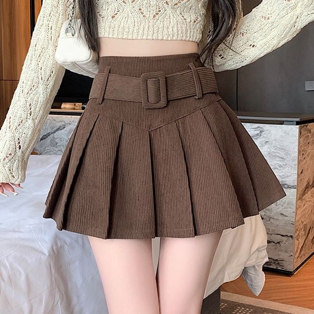 Malrowe High Rise Plain Pleated Belted Corduroy Mini A-Line