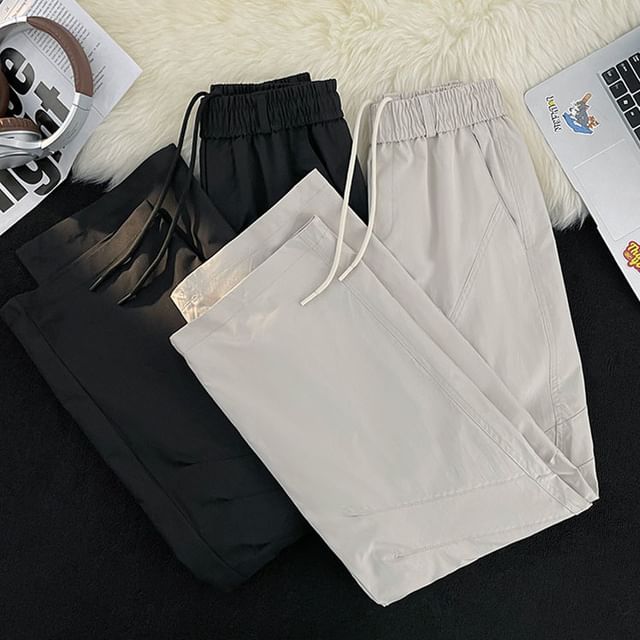 Mimiyox-Drawstring Waist Plain Wide Leg Pants