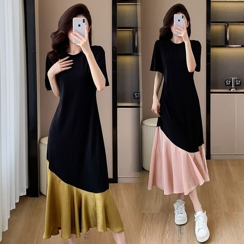 Aurora Short Sleeve Crew Neck Two Tone Asymmetrical Midi T Shirt Dress YesStyle