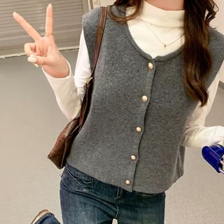 ANORA-Round Neck Plain Button Down Sweater Vest