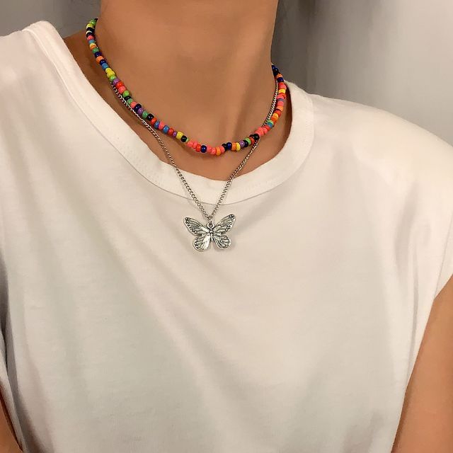Seirios - Alloy Butterfly Pendant Bead Layered Choker Necklace