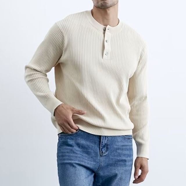 Lingaris-Long-Sleeve Henley Plain Ribbed Knit Top