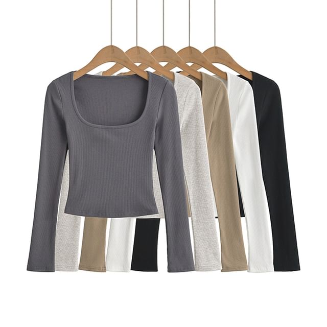 Ulark-Long-Sleeve Scoop Neck Plain Ribbed Buttoned Cuff Crop Tee