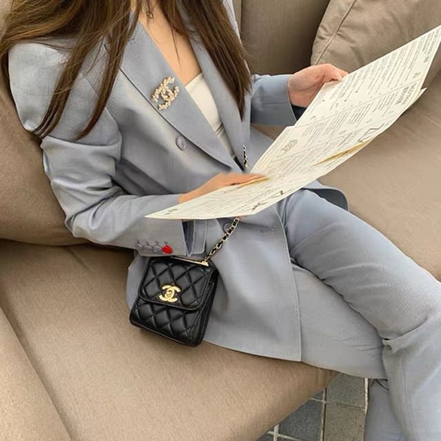 ISSOL-Set Peak Lapel Plain Double Breasted Blazer High Waist Cropped Straight Leg Slacks