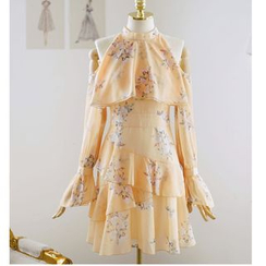 Shima - Long-Sleeve Cold Shoulder Floral Print Mini Dress Shima - Long-Sleeve Cold Shoulder Floral Print Mini Dress