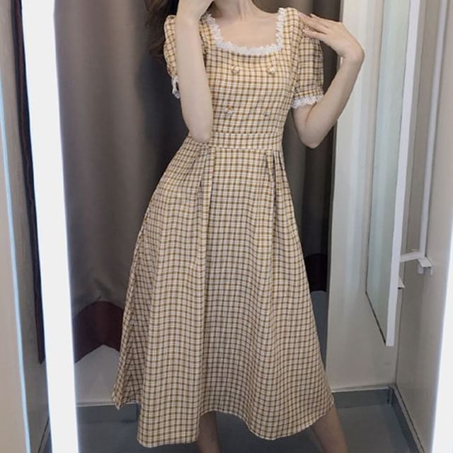 Elbelier - Puff-Sleeve Square-Neck Plaid Lace Trim Midi A-Line Dress |  YesStyle